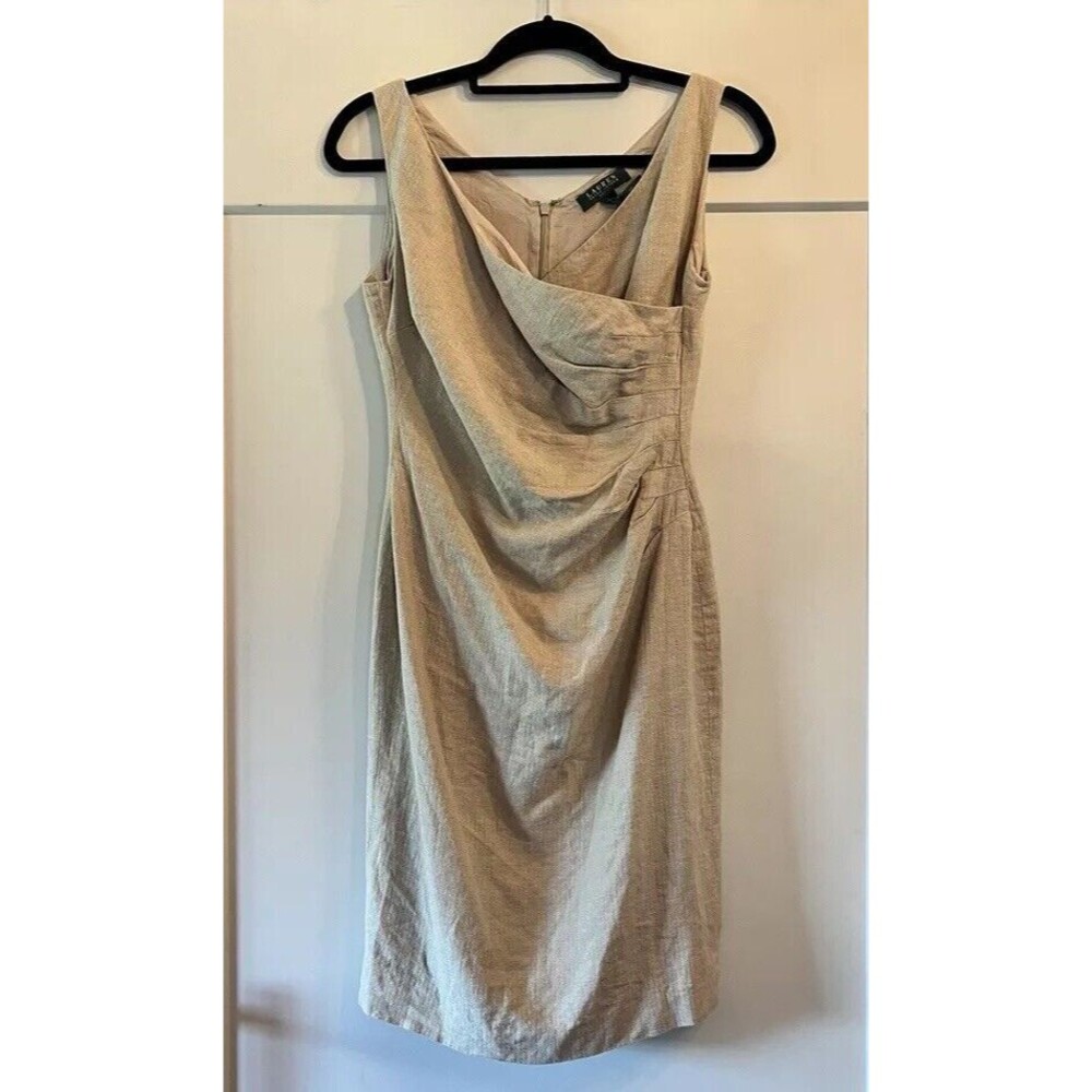 Lauren Ralph Lauren Dress Women’s Size 2 Beige Sleeveless Linen Sheath Ruched - Picture 1 of 10